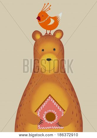 A card with cartoon characters. Bear holding nesting box with cute little bird sitting on its head. Light grey background. Funny forest animals.