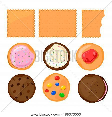 Biscuit Сookie with colorful candies or jam set on white background.