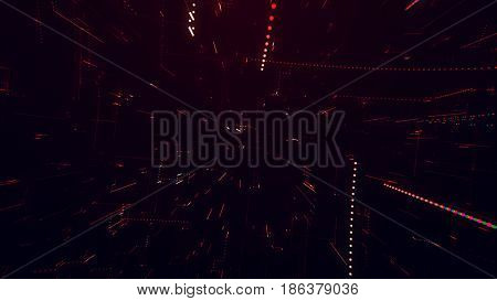 The surface of technology with lines of chaos and grid is an abstract computer image with chromatic aberrations. Digital art: a dark technical, sci-fi or sci-fi background. 3d illustration