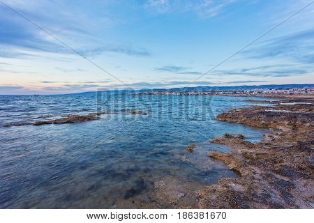 View Over The Seafront Of The City Paphos In Cyrpus.