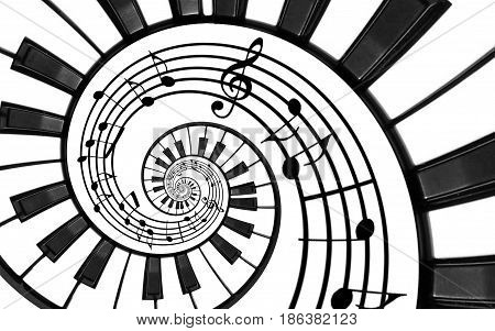 Piano keyboard printed music abstract fractal spiral pattern background. Black and white piano keys round spiral. Spiral stair. Piano helical pattern abstract background. Abstract isolated piano spiral