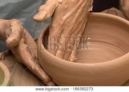 Process Of Making Clay Bowl On Pottery Wheel