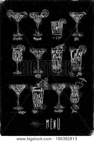 Cocktail menu graphic lettering bloody mary blue lagoon cosmopolitan cuba libre daiquiri martini gin tonic manhattan margarita mojito pina colada spritz drawing with chalk on chalkboard