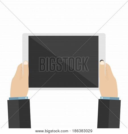 Businessman holds tablet pc. Using digital tablet pc. Flat design. Vector