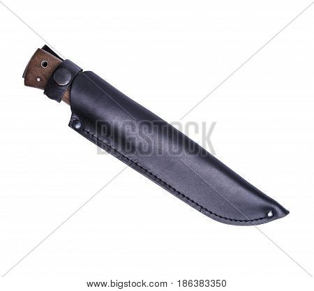 Steel hunting knife knife in leather casing on a white background