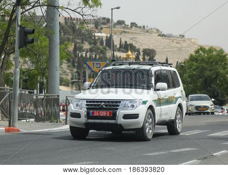 JERUSALEM, ISRAEL - APRIL 30, 2017: Israeli police car provides security in Jerusalem.