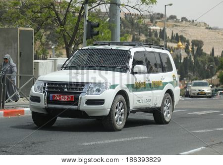 JERUSALEM, ISRAEL - APRIL 30, 2017: Israeli police car provides security in Jerusalem.