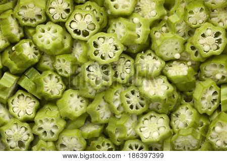 Closeup of a lot of sliced okra