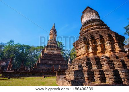 Sukhothai, Thailand - January 17 2017: Wat Chedi Jet Thaew In The Precinct Of Si Satchanalai Histori