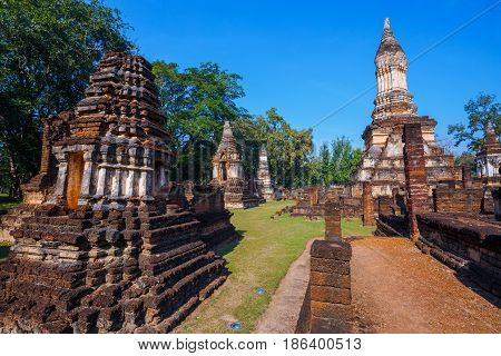 Sukhothai, Thailand - January 17 2017: Wat Chedi Jet Thaew In The Precinct Of Si Satchanalai Histori