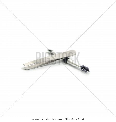 Cosmetic Set : Spoolie Brush, Tweezers, Angled Brush Isolate On White Background