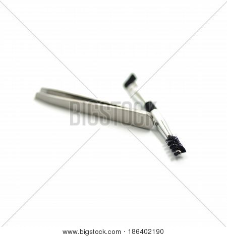 Cosmetic Set : Spoolie Brush, Tweezers, Angled Brush Isolate On White Background