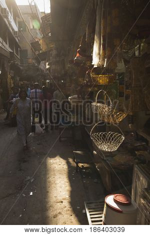 DELHI INDIA - JUN 6 : scene of marketplace in small alleyway in old delhi of delhi on june 6 2015 india.