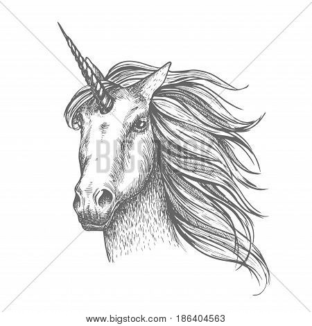 Unicorn mythical horse, heraldic equine head with horn and wavy mane. Mythic symbol of fantasy horse for astrology, fairytale story design. White mythical heraldic isolated horse head with long horn
