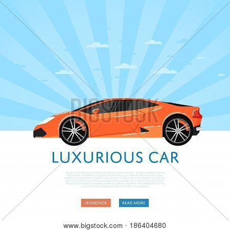 Website design with luxury sports car. Exotic supercar on blue striped background, modern auto vehicle banner. Auto business, sale or rent transport online service vector illustration concept.