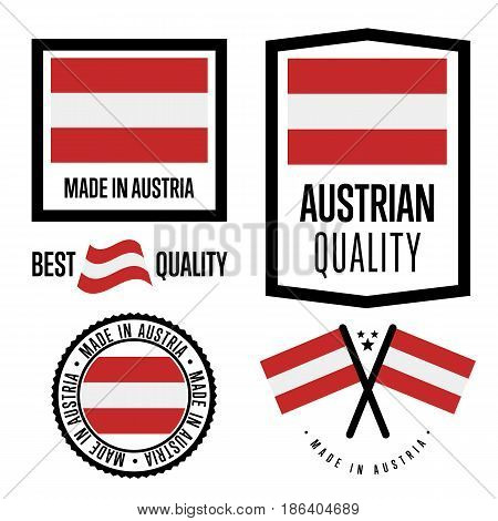 Austria quality isolated label set for goods. Exporting stamp with austrian flag, nation manufacturer certificate element, country product vector emblem. Made in Austria badge collection.