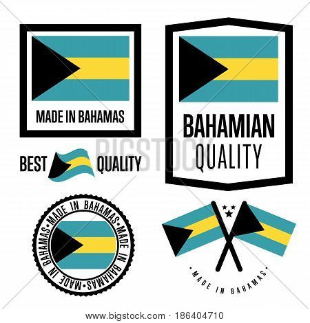 Bagamas quality isolated label set for goods. Exporting stamp with bahamian flag, nation manufacturer certificate element, country product vector emblem. Made in Bagamas badge collection.
