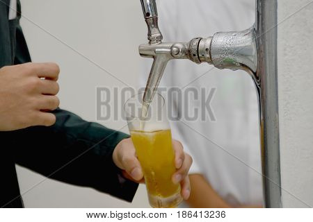 Pouring fresh beer. Close-up of pouring beer while standing at the bar counter