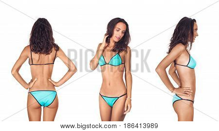 Model tests Collage of three models in swimsuit posing in the studio on an isolated white background