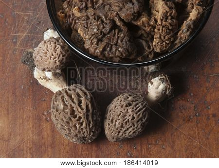 Morel fungus boiled ready for frying close up