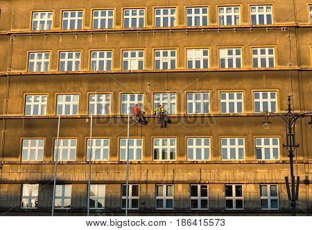 Work at height for the restoration of facade in Cracow. Poland