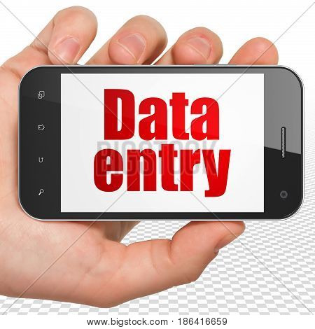 Information concept: Hand Holding Smartphone with red text Data Entry on display, 3D rendering