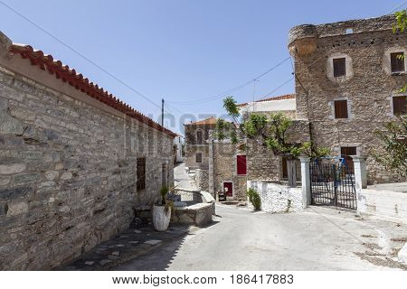 old houses in village of agios dimitrios on the coast of messenia in mani part of peloponnese on sunny day in spring