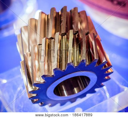 Helical gears close-up. Metal products, spare parts