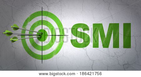 Success Stock market indexes concept: arrows hitting the center of target, Green SMI on wall background, 3D rendering
