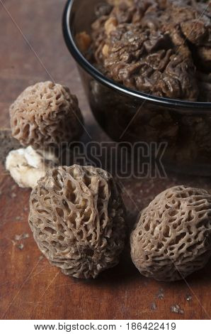 Morel fungus boiled ready for frying close up