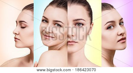 Collage of beautiful woman with perfect clean skin over colorful baclground.