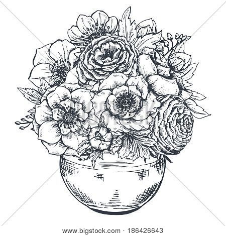 Floral composition. Bouquet with hand drawn spring flowers and plants. Monochrome vector illustration in sketch style.