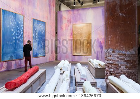 VENICE ITALY - MAY 10: Installation view of the work by Thu Van Tran at the 57th Venice Biennale on May 10 2017