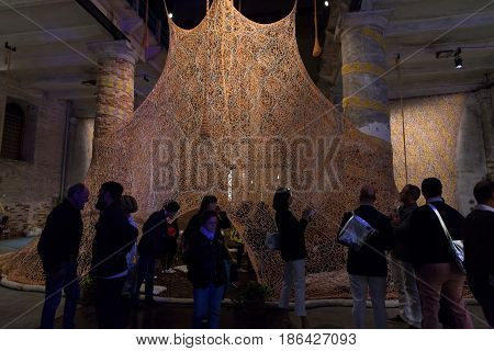 VENICE ITALY - MAY 10: Installation view of work by Ernesto Neto Um Sagrado Lugar (A Sacred Place) at the 57th Venice Biennale on May 10 2017