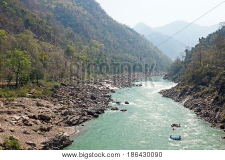 Rafting on the river Ganges in India near Laxman Jhula
