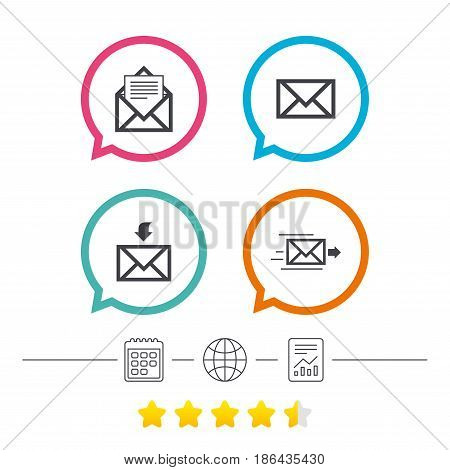 Mail envelope icons. Message document delivery symbol. Post office letter signs. Inbox and outbox message icons. Calendar, internet globe and report linear icons. Star vote ranking. Vector