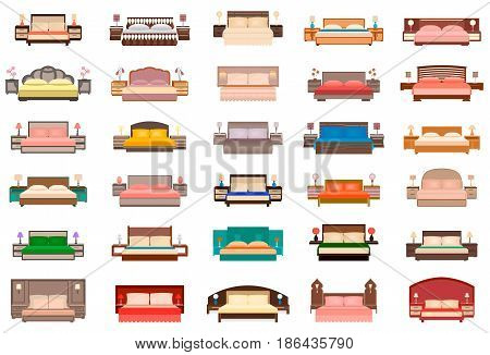 Big set of beds with bedside tables lamps and headboards. Bedroom furniture group in flat style. Home interior decorating. Vector illustration.