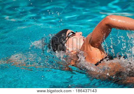 Front Crawl Swimmer Inn The  Swimming Pool, Close-up, Toned Image