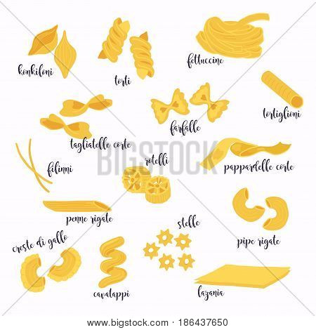Vector illustration set of different types of pasta.