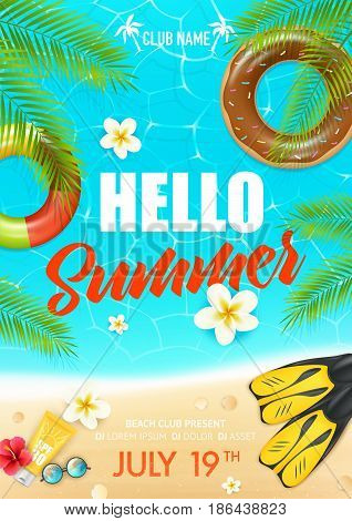 Tropical summer vacation beach club colorful invitation poster  with lifebuoy ring suncream and hibiscus flowers vector illustration