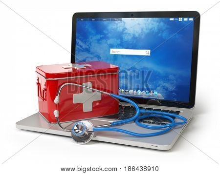 First medical aid or technical support concept. Laptop with first aid kit and stethoscope isolated on white. 3d illustration