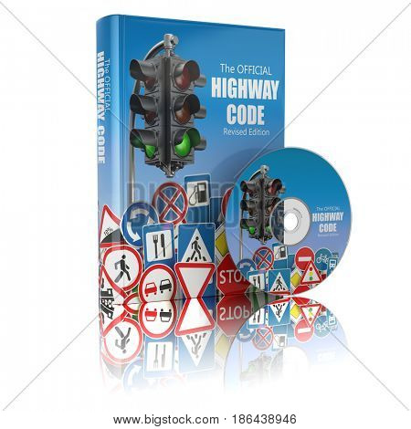 Highway code book and disk.  Book of traffic rules and law with traffic road sign and traffic light. Preparation for exam or driving  test concept. 3d illustration