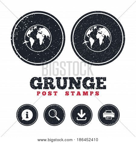 Grunge post stamps. Airplane sign icon. Travel trip round the world symbol. Information, download and printer signs. Aged texture web buttons. Vector