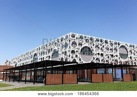 Odense, Denmark - April 9, 2017: Odense University building. University of Southern Denmark is a university and campus in Odense, Denmark built by CF Moller architects