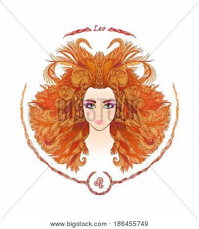 Zodiac sign. Hand drawn portrait of a beautiful woman. Vector illustration of Leo zodiac sign.