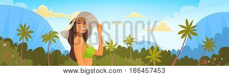 Tanned Woman In Bikini Over Tropical Forest Background, Sexy Girl Wear Hat On Summer Sea Vacation Flat Vector Illustration