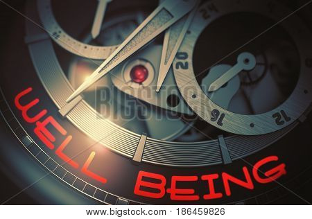Luxury Wristwatch with Well Being Inscription on Face. Well Being - Mechanical Wristwatch with Visible Mechanism and Inscription on Face. Work Concept with Lens Flare. 3D Rendering.