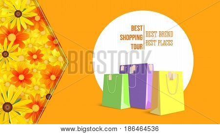 Best shopping tour, advertising banner with paper bags and label from new purchased items on bright summer backdrop. Template, mock-up with yellow field of flowers, chamomile flowers, camomile, daisy.