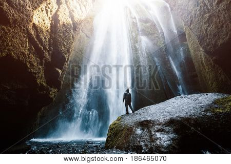 Perfect view of famous powerful Gljufrabui cascade in sunlight. Dramatic and gorgeous scene. Unique place on earth. Location place Iceland, sightseeing Europe. Explore the world's beauty and wildlife