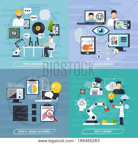 Neural meshes 2x2 design concept set of speech and image recognition deep learning and medical neural networks compositions flat vector illustration